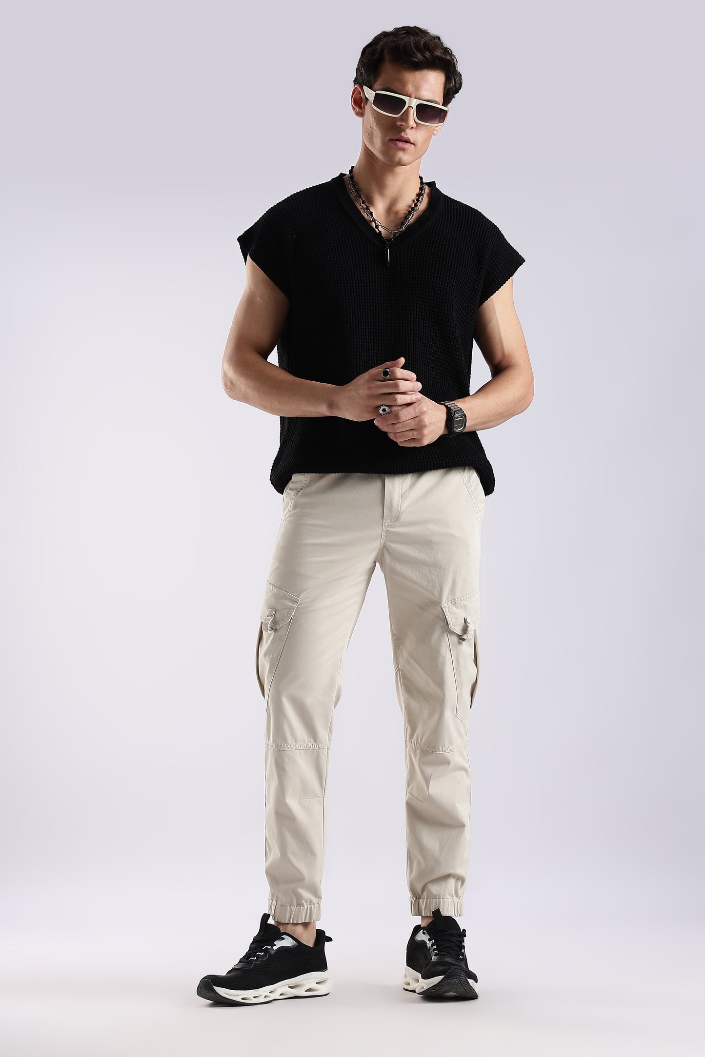 100% Cotton Slim Fit Cargo Pants Cream