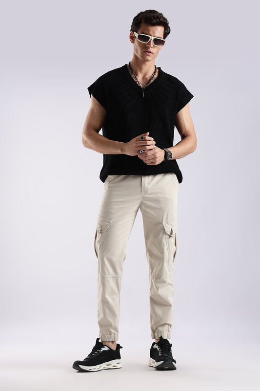 100% Cotton Slim Fit Cargo Pants Cream