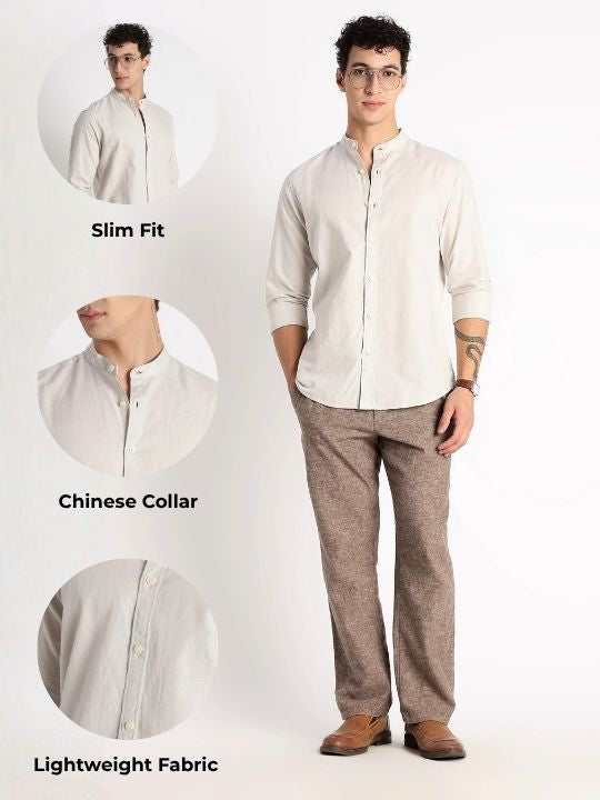 Cotton Linen Slim Fit Shirt Off White