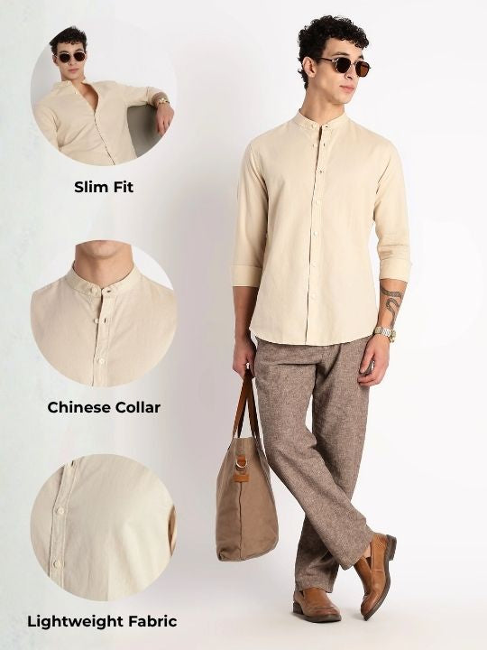 Cotton Linen Slim Fit Shirt Beige