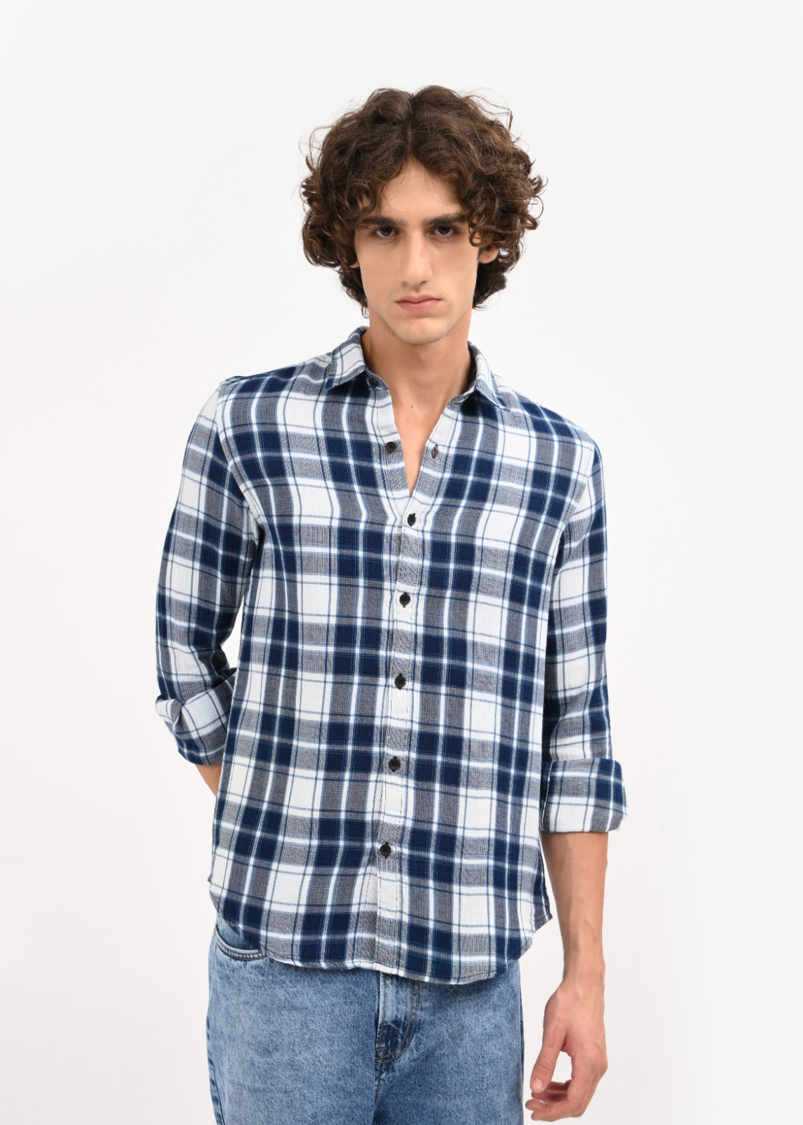 Textured Dobby Check Shirt Blue