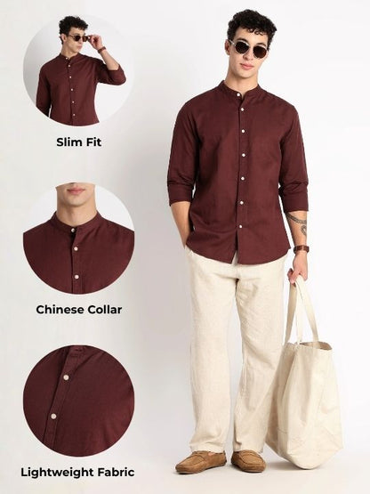 Cotton Linen Slim Fit Shirt Maroon