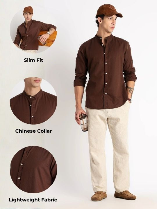Cotton Linen Slim Fit Shirt Coffee