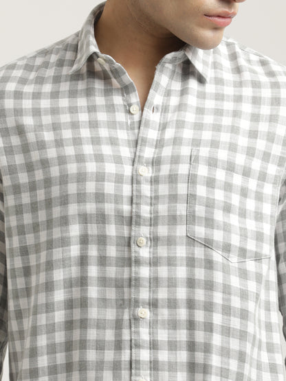 Checked Cotton-Linen Shirt Grey