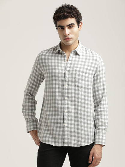 Checked Cotton-Linen Shirt Grey