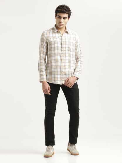 Checked Cotton-Linen Shirt Cream