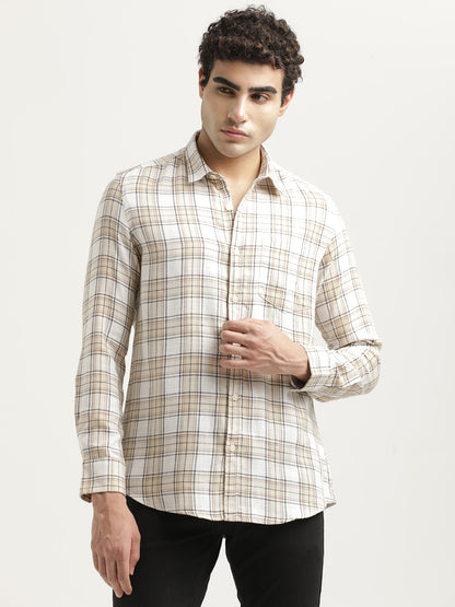 Checked Cotton-Linen Shirt Cream