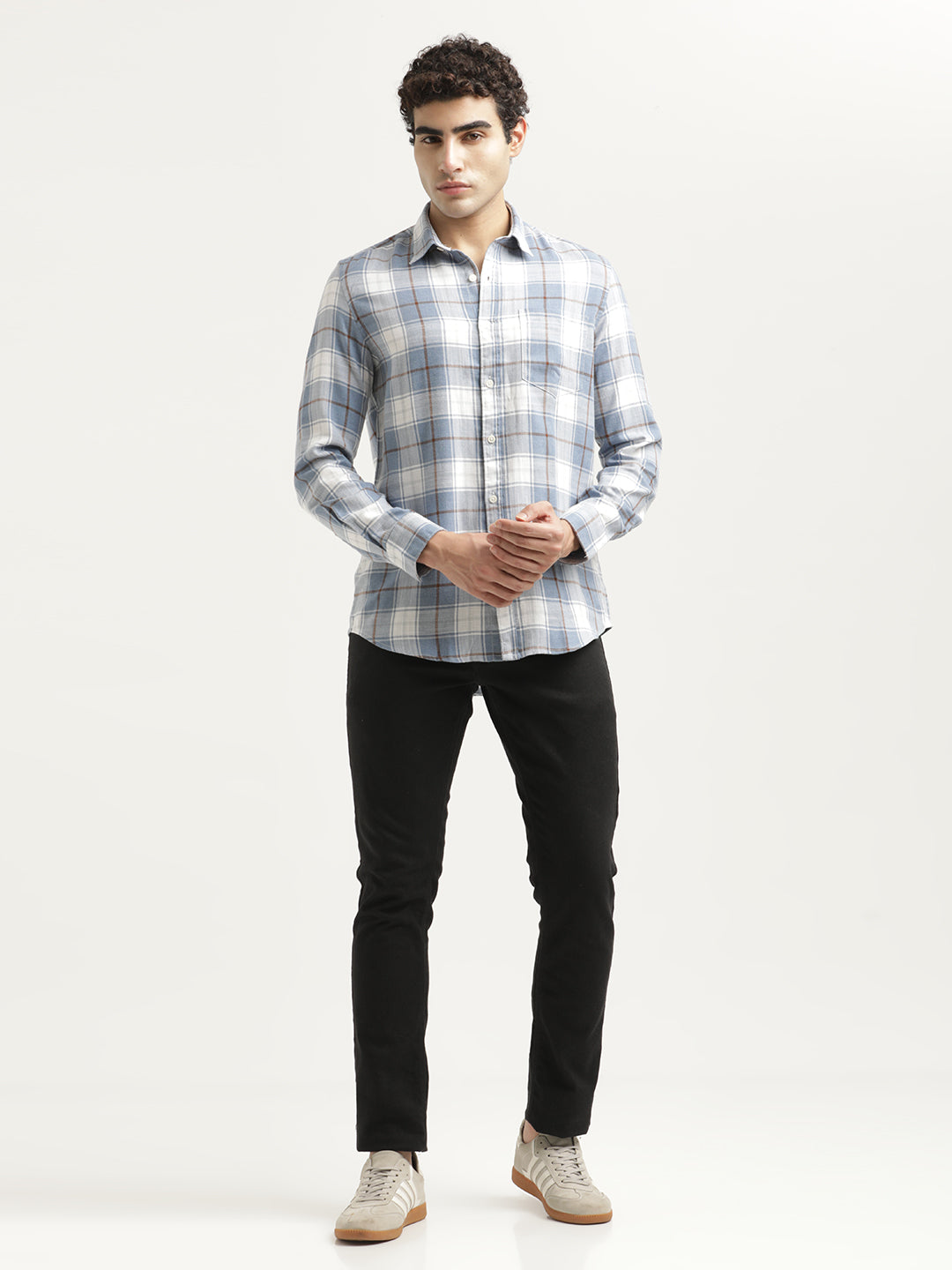 Checked Cotton-Linen Shirt Lt Blue