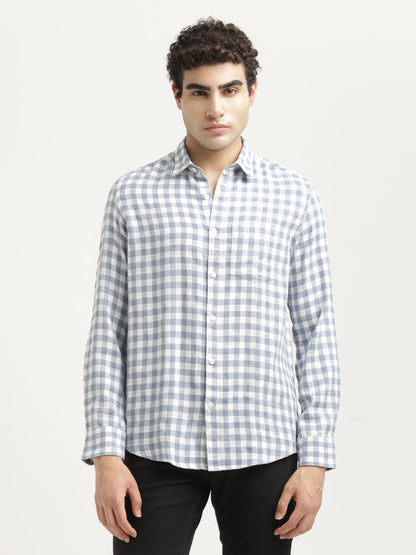 Checked Cotton-Linen Shirt Blue