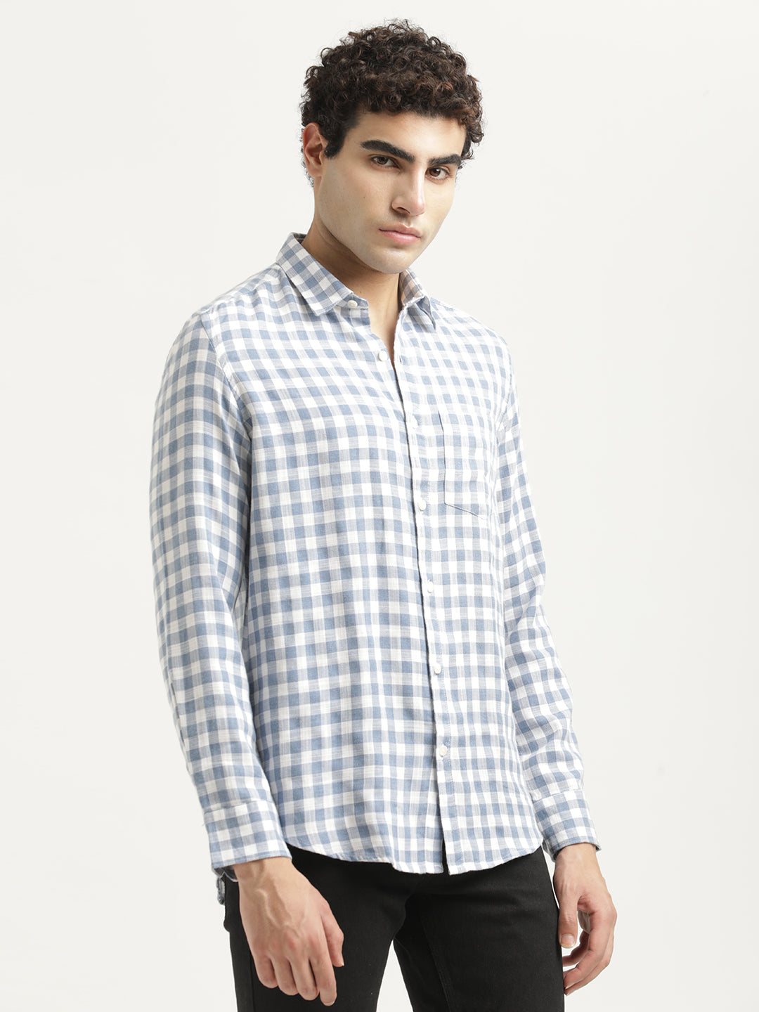 Checked Cotton-Linen Shirt Blue