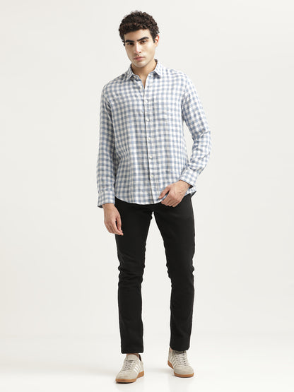 Checked Cotton-Linen Shirt Blue