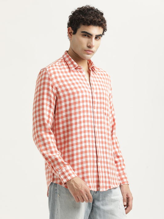 Checked Cotton-Linen Shirt Orange