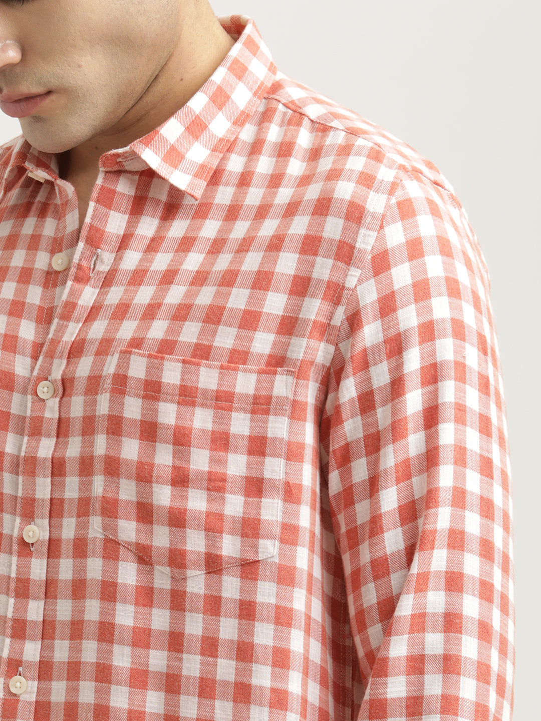 Checked Cotton-Linen Shirt Orange