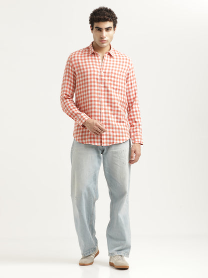 Checked Cotton-Linen Shirt Orange