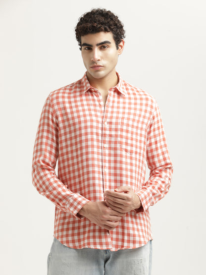 Checked Cotton-Linen Shirt Orange