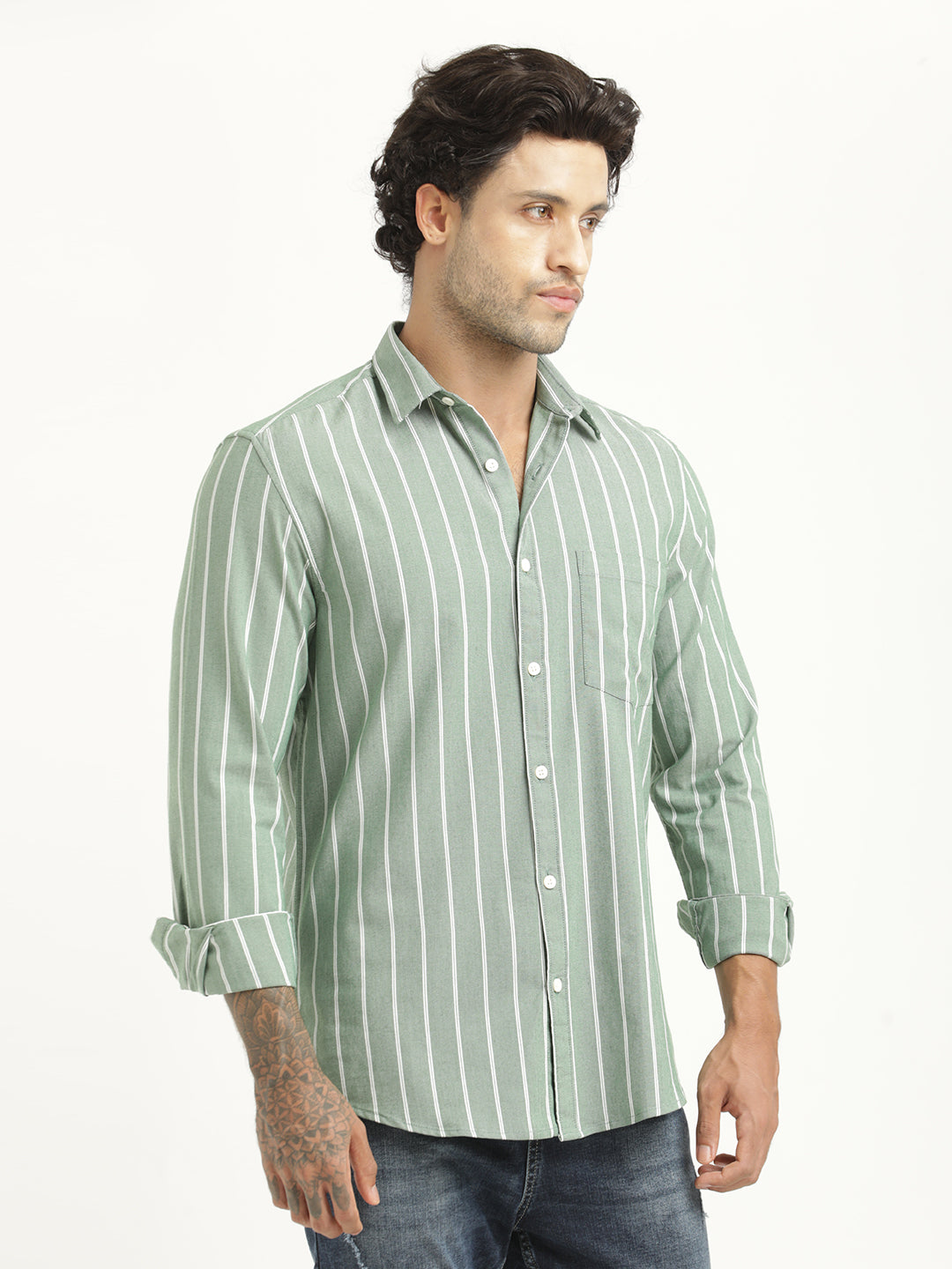 Striped Oxford Lycra Shirt Green