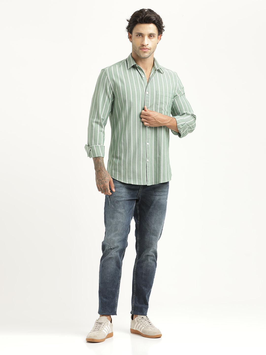 Striped Oxford Lycra Shirt Green