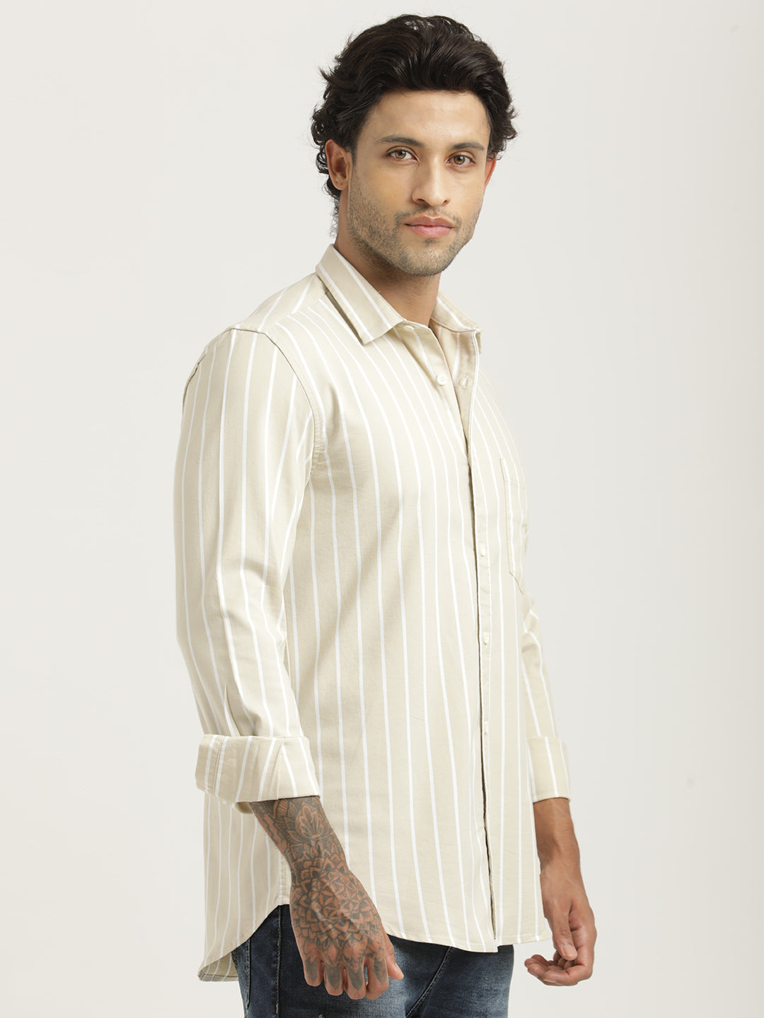 Striped Oxford Lycra Shirt Beige