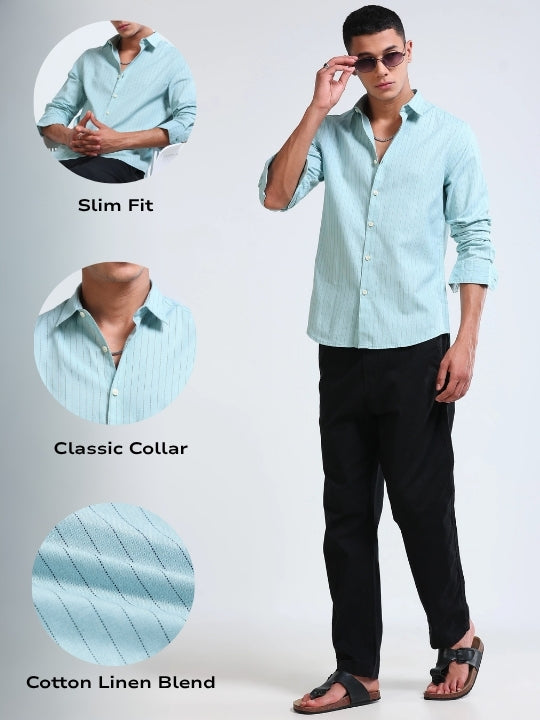 Men's Slim Fit Cotton Linen Striped Shirt Dusty Blue