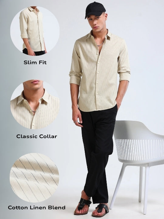 Men's Slim Fit Cotton Linen Striped Shirt Beige