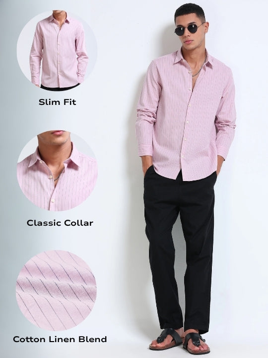 Men's Slim Fit Cotton Linen Striped Shirt Pink