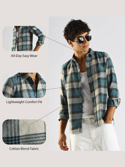 Cotton Blend Checked Shirt Lt Blue