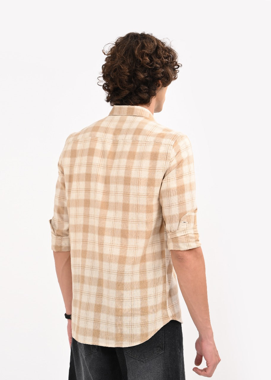 Linen-Cotton Check Shirt Beige