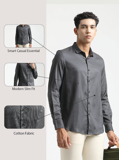 Textured Cotton Shirt with Dobby Weave Dk Grey