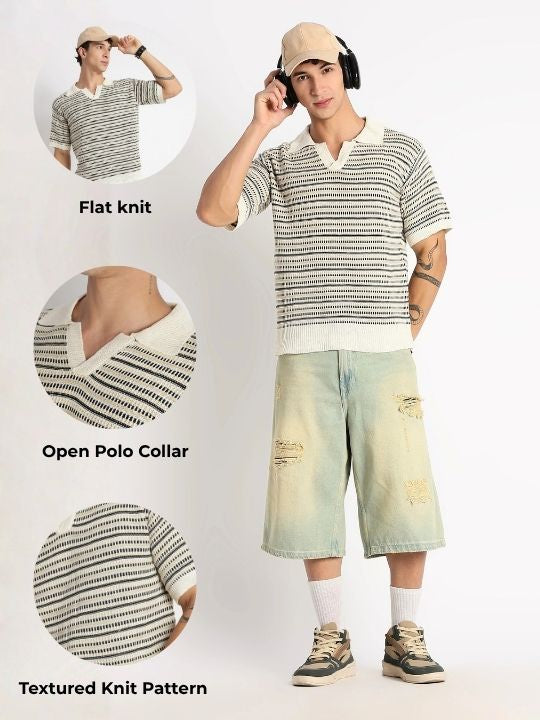 Stylish Striped Knit T-Shirt Beige