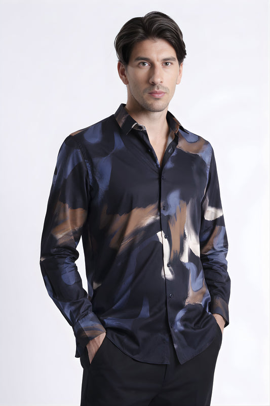 Floral Digital Print Shirt Navy Brown