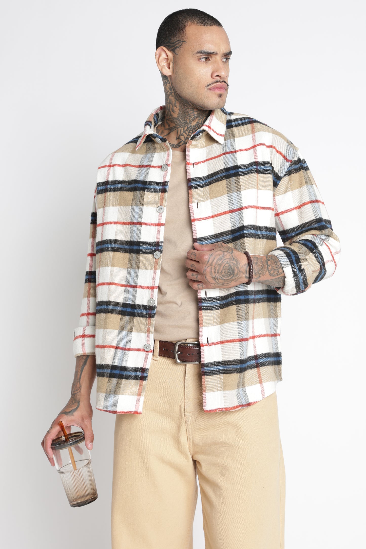 Brushed Check Casual Shirt Beige