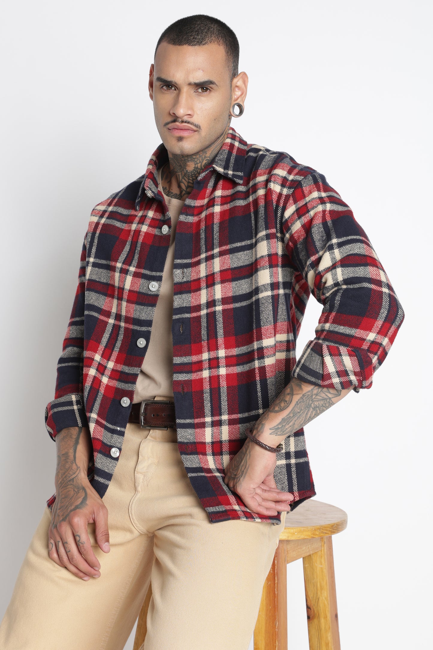 Brushed Check Casual Shirt Navy Red