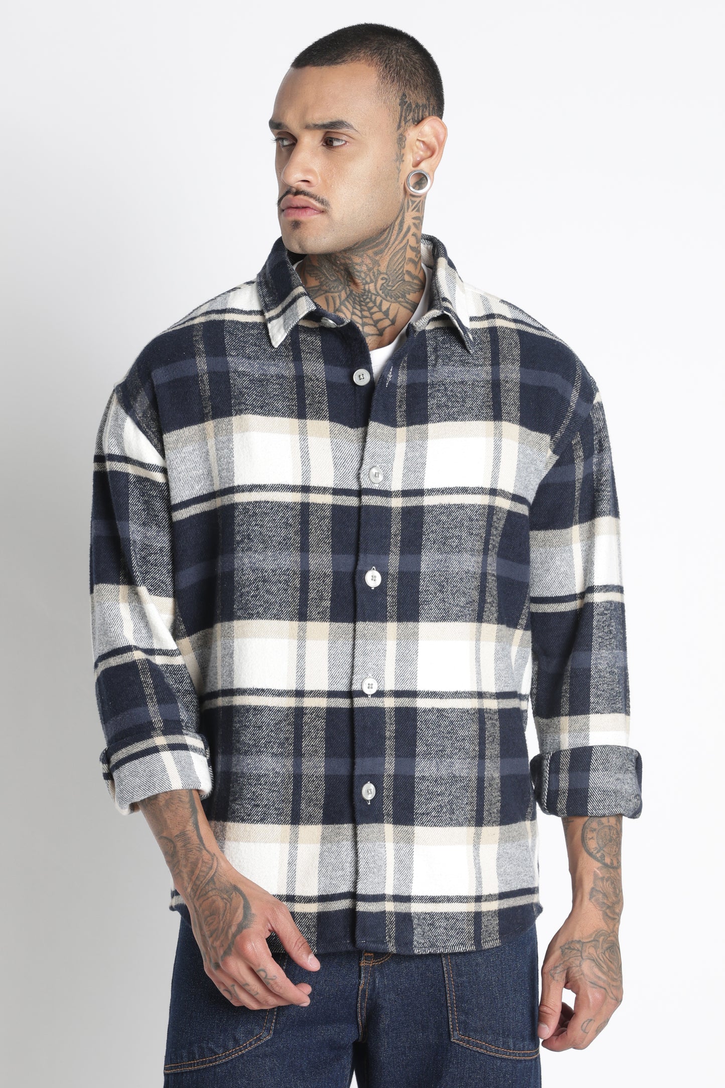 Brushed Check Casual Shirt Navy White