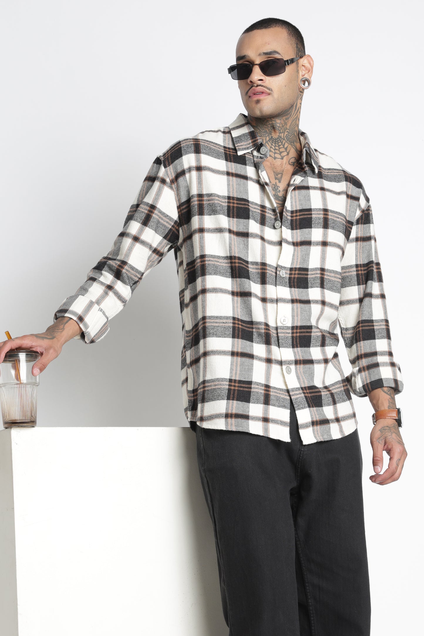 Brushed Check Casual Shirt Black Beige