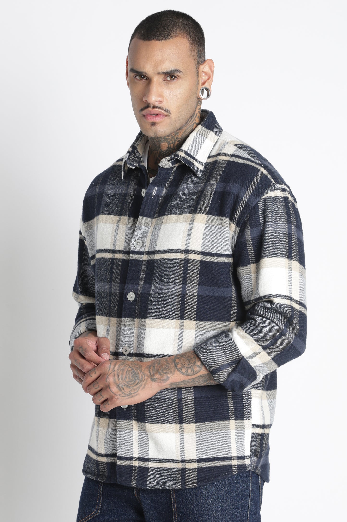 Brushed Check Casual Shirt Navy White