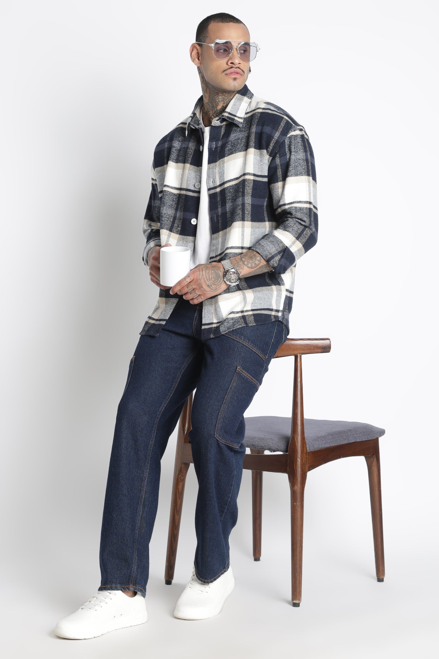Brushed Check Casual Shirt Navy White