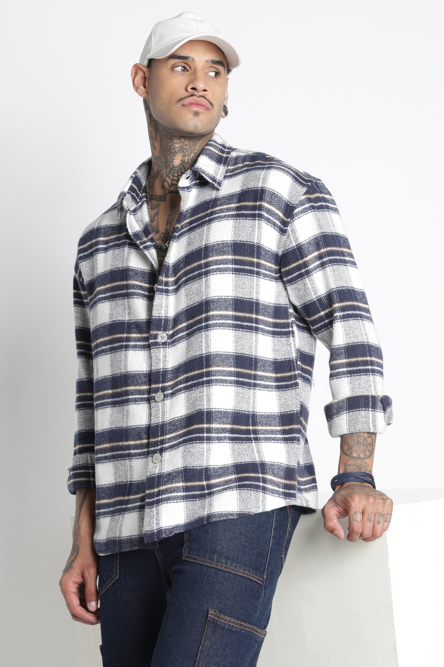 Brushed Check Casual Shirt White Navy