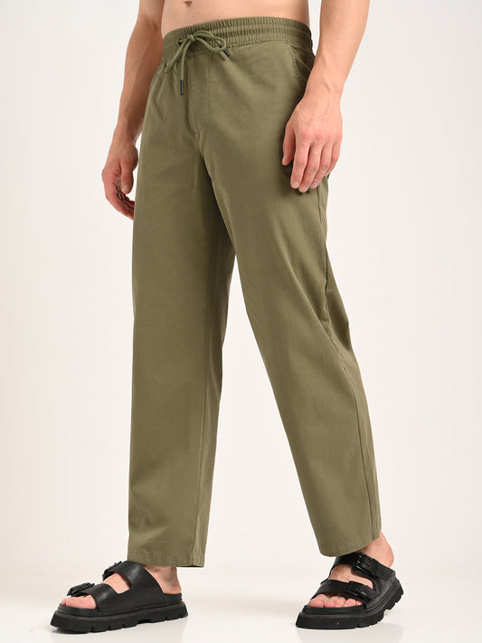 Cotton Style Trousers with Drawcord Green