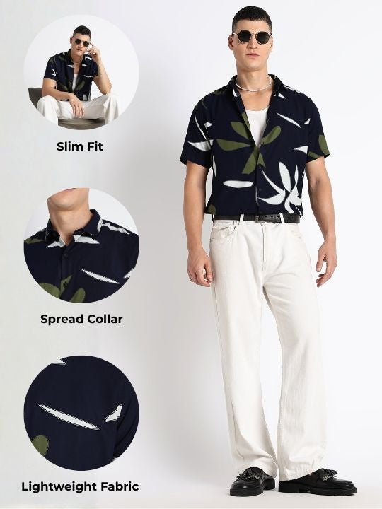 Stylish Floral Printed Rayon Shirt Navy Green