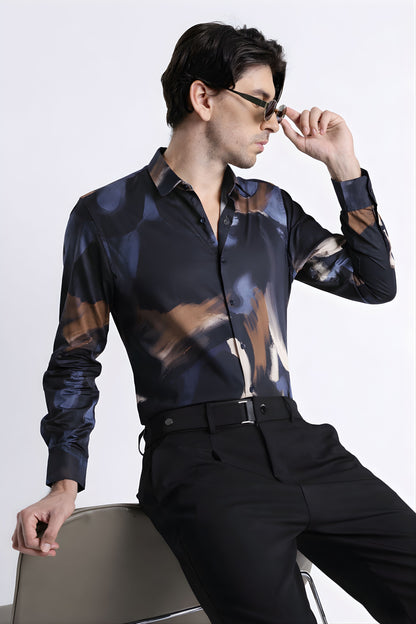 Floral Digital Print Shirt Navy Brown