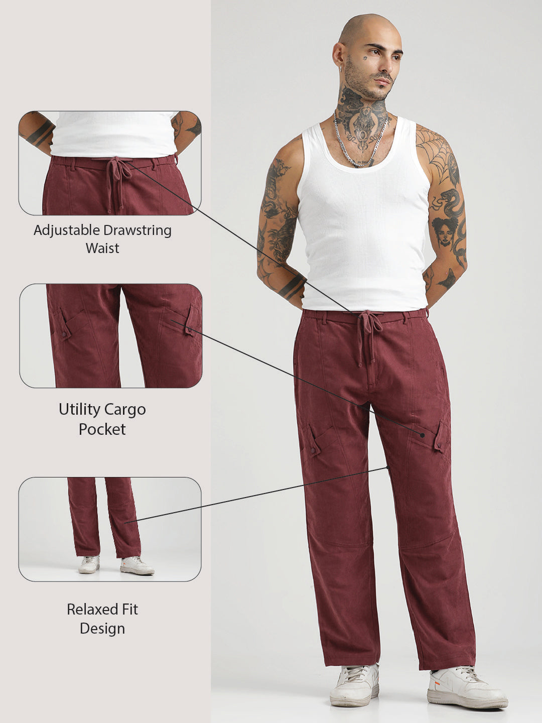 Velvet Cargo Trousers Maroon
