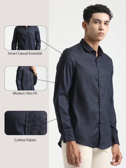 Textured Cotton Shirt with Dobby Weave Navy