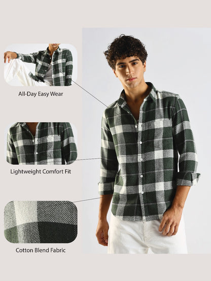 Cotton Blend Checked Shirt Dk Green
