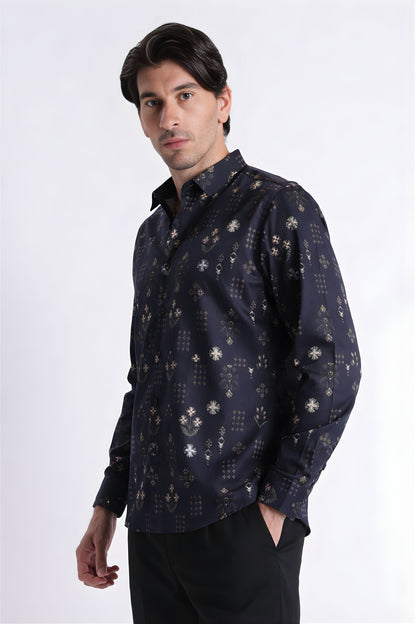 Floral Digital Print Shirt Navy Green