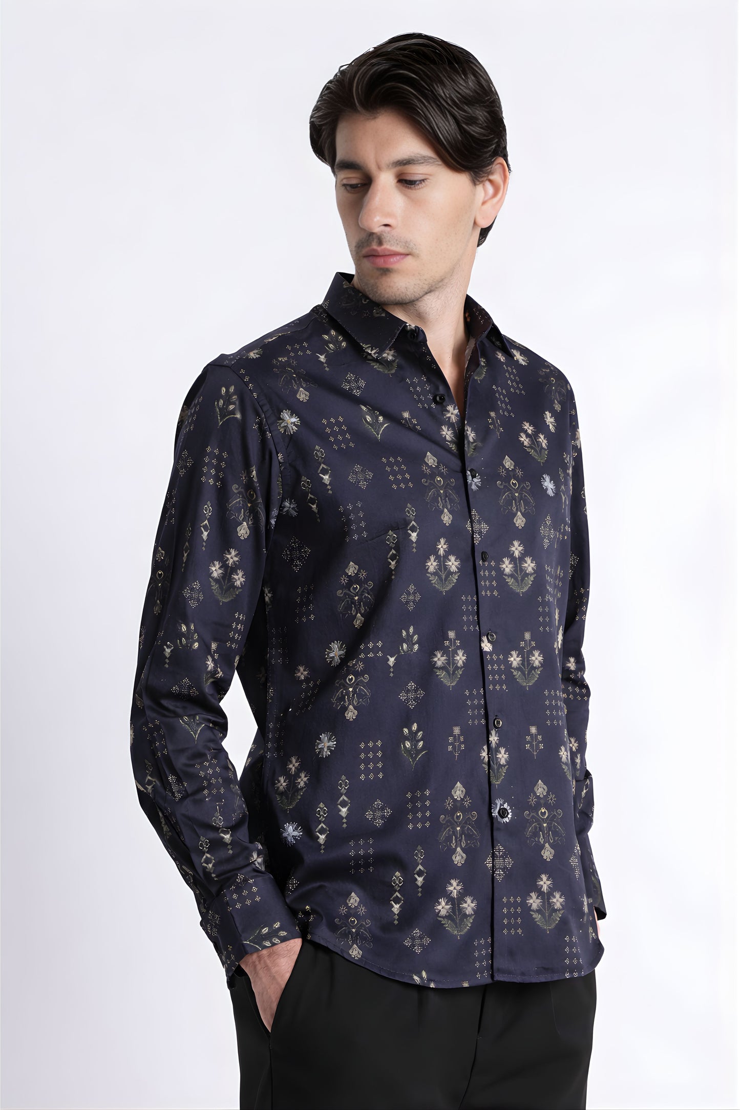 Floral Digital Print Shirt Navy Green