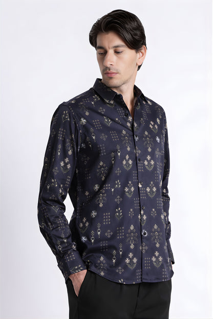 Floral Digital Print Shirt Navy Green