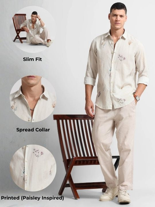 Cotton Linen Digital Printed Shirt Off White