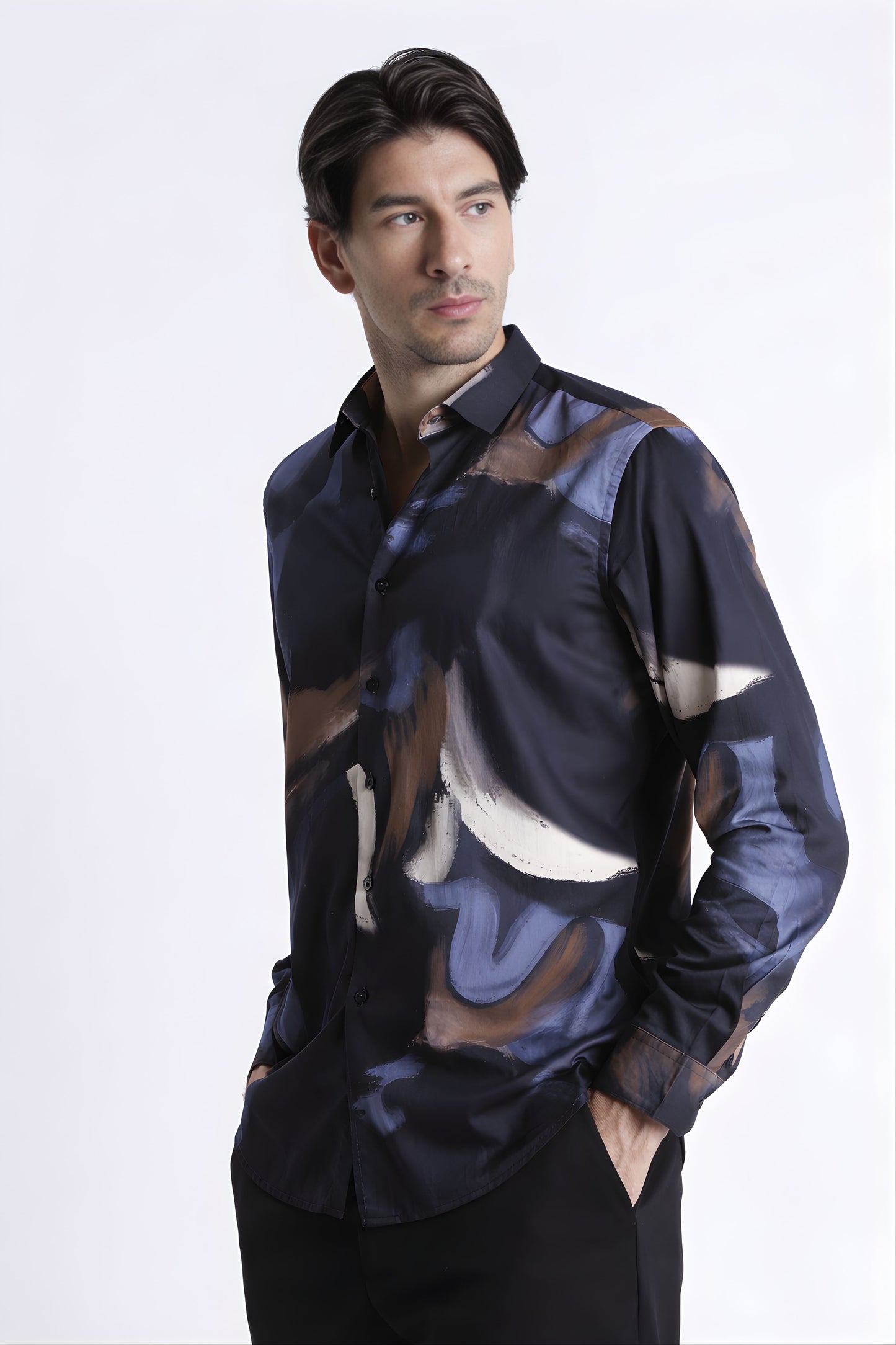 Floral Digital Print Shirt Navy Brown