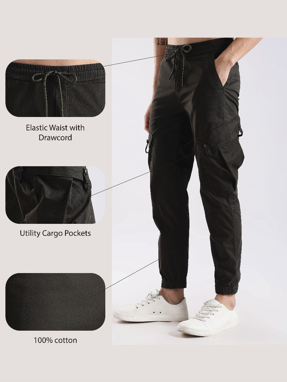 100% Cotton Slim Fit Cargo Pants Dk Green