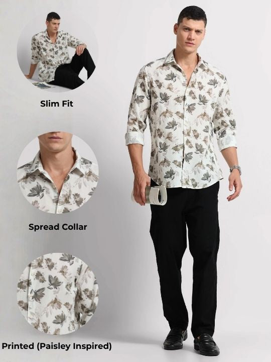 Cotton Linen Digital Printed Shirt Olive White